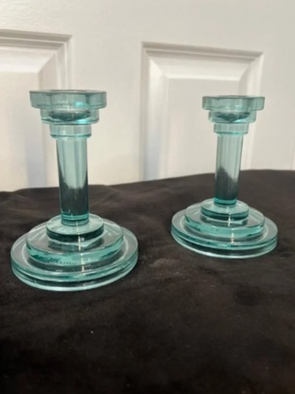 Anthropologie/Terrain Column Glass Taper Candle Holder in Sky (Set of 2) - NWT